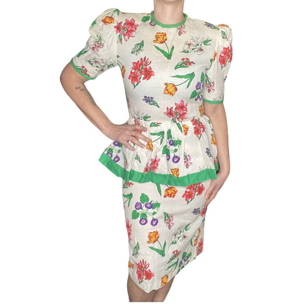 80's Vintage Floral Puff Sleeve Midi Dress size 10